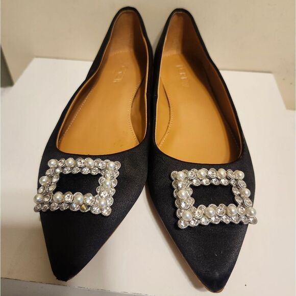 J. Crew Black Satin Pointy Toe Ballet Flats w/Crystal Buckle Detail Sz.6.5 $148 - Picture 3 of 9